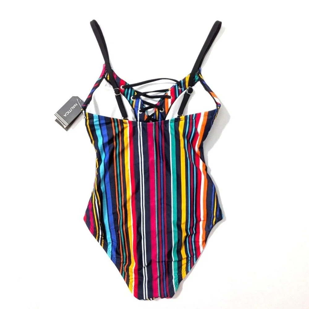 Nautica Womens Slimming Lace Up One Piece Swimsuit Multicolor‎ Stripe Small NWT